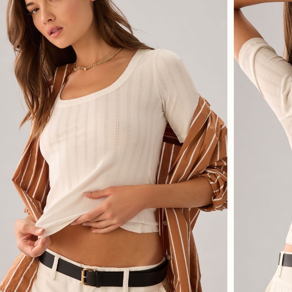 Pilcro white top scoop neck tee pointelle